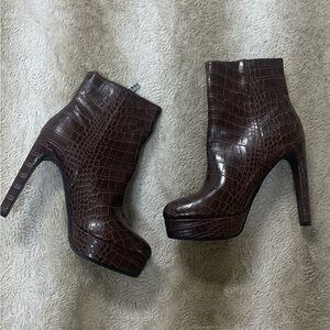 Brown Crocodile-Embossed Ankle Boots